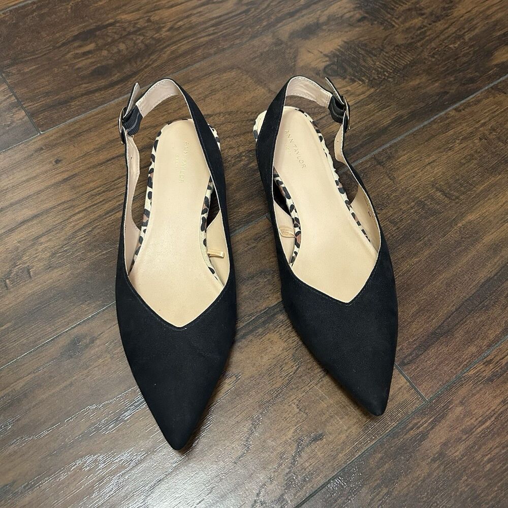 Women's Ann Taylor Black Suede Animal Print Slingback Heels Size 8M Block Heel